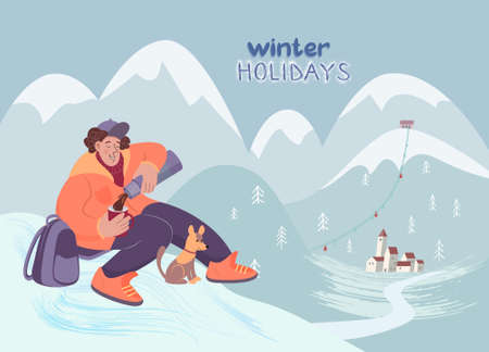 A man backpacker sits on a mountain pick and drink hot tea or coffee.のイラスト素材