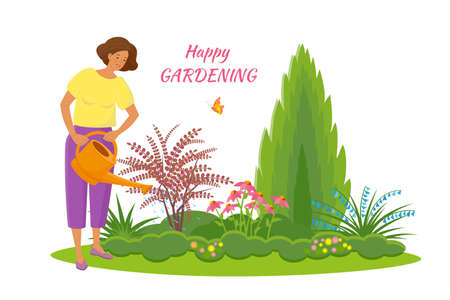 Woman in cartoon style is watering the group of plants and shrubsのイラスト素材