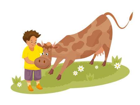 Cute boy strokes and hugs the cow. Vector isolated illustration in flat style.のイラスト素材