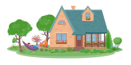 Countryside landscape with cozy cottage surrounded by garden and flowers.Girl lays in hammock and reads book.There is baby stroller next to the woman. Color vector isolated illustration in flat styleのイラスト素材