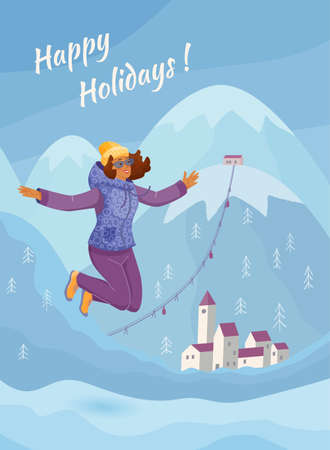Cute happy woman is jumping. Winter mountain landscape with old town. Vector colorful illustration in flat style with lettering.のイラスト素材