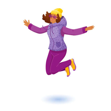 Cute happy girl in winter clothes is jumping. Vector colorful isolated illustration in flat style.のイラスト素材