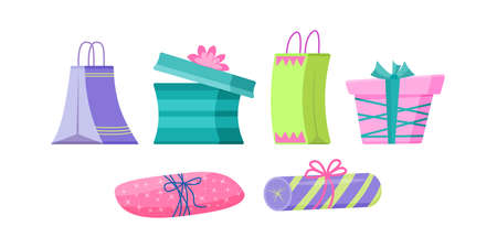 Set of holiday gifts in colorful packaging. Vector illustration in flat style.のイラスト素材