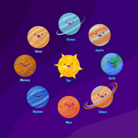 Set of cute planets of the solar system in cartoon style. Vector colorful illustration in flat style...