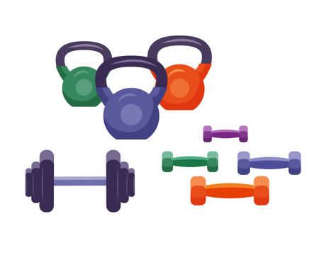 Set of kettlebells and dumbbells. Vector colorful isolated illustration in flat style.のイラスト素材