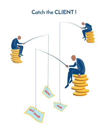 Catch the client. Poster with businessmen sitting on coins and catching clients offering incomes, bonus. Vector flat illustrationのイラスト素材