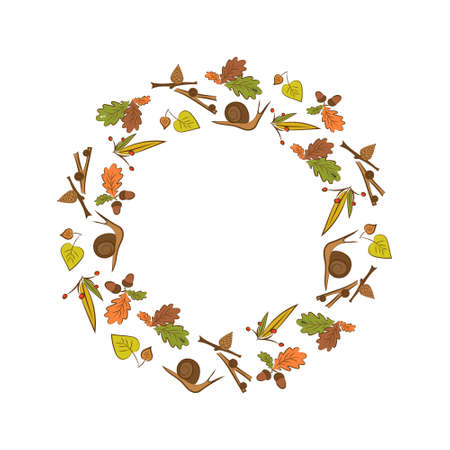 Circular autumn pattern with snail, cone, acorn, leaf. Isolated illustration with empty place for text.のイラスト素材