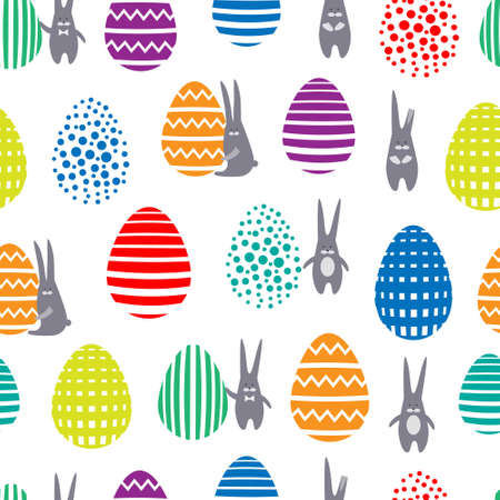 Colorful seamless vector pattern with bunny and eggs on a white backgroundのイラスト素材
