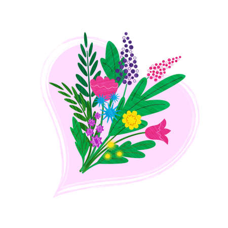 Card design of colored spring flowers inside the pink heart on the white background. Vector flat bouquet with brush texture. An effect of paper cut illustration on the grainy textured background.のイラスト素材