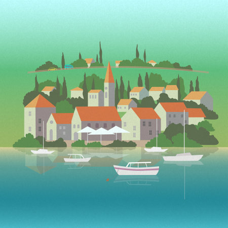 Old town on the sea coast. Houses with red roofs. Boats in the harbor. Vector illustration with texture effect.のイラスト素材