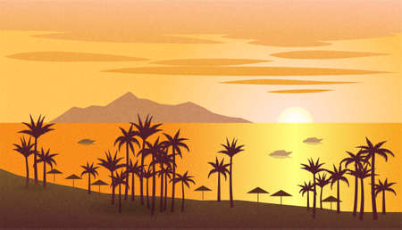 Sea landscape at sunset with palm trees, island, boats. Vector illustration background with grainy texture.のイラスト素材