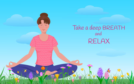 Young woman is practicing outdoor yoga sitting among the colored flowers hyacinth, tulip, crocus, narcissus. Vector illustration in cartoon style on the background with clouds.のイラスト素材