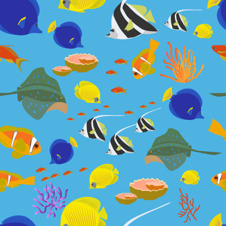 Seamless pattern with fish, corals and ramp.Vector multicolor illustration.のイラスト素材