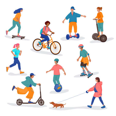 Boys and girls go in for outdoors activity running,walking dog,roller skating,skateboarding,bicycling,using electric scooter, monocycle,hoverboard. Set of flat cartoon vector isolated illustrations.のイラスト素材