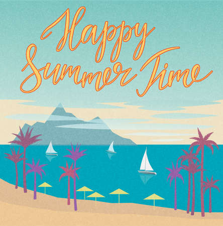 Summer landscape poster with palm trees, island, sailboats. Vector illustration background with grainy texture in retro style.のイラスト素材
