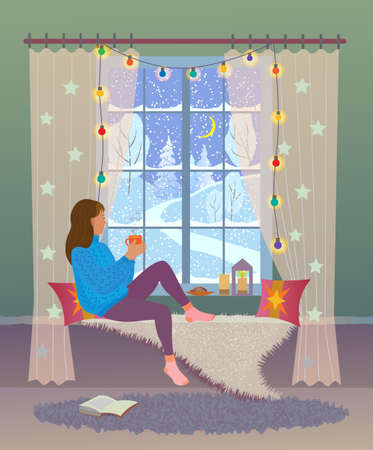 Girl sits by the Christmas decorated window with a cup of hot drink, looks out the window at the winter evening landscape. Vector illustration with texture.のイラスト素材