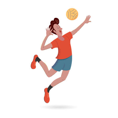 Cheerful man is playing volleyball. Vector isolated illustration with texture in cartoon style.のイラスト素材