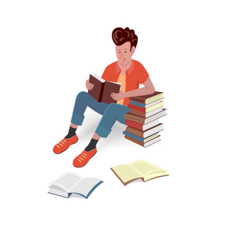 Cheerful man is reading a book sitting on the floor. Vector isolated illustration with texture in cartoon style.のイラスト素材