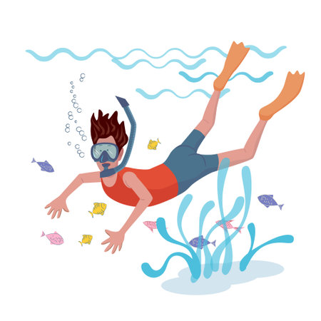 Cheerful man in mask is swimming under water using a snorkel. Vector isolated illustration with texture in cartoon styleのイラスト素材