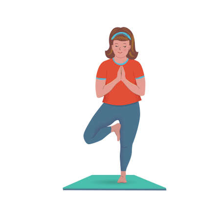 Cheerful cute girl is practicing yoga in Tree Pose. Vector isolated illustration with texture in cartoon style.のイラスト素材