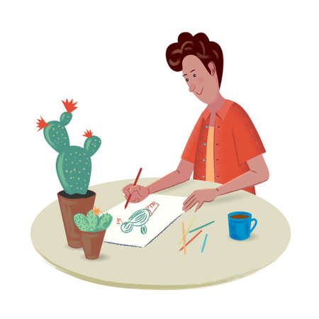 Cute man is drawing a cactus. Vector isolated illustration with texture in cartoon style.のイラスト素材