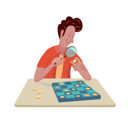 Cheerful man-numismatist is looking at a coin through the magnifying glass. Vector isolated illustration with texture in cartoon styleのイラスト素材