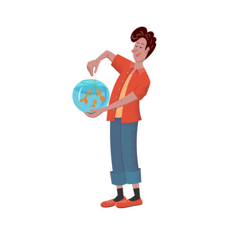 Cheerful man aquarist holds an aquarium and feeds fish. Vector isolated illustration with texture in cartoon styleのイラスト素材