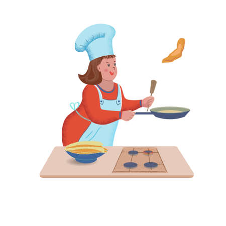 Cheerful cute girl is cooking pancakes. Vector isolated illustration with texture in cartoon styleのイラスト素材