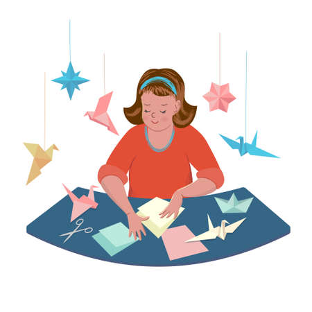 Cheerful cute cartoon girl is making origami. Vector isolated illustration with texture.のイラスト素材