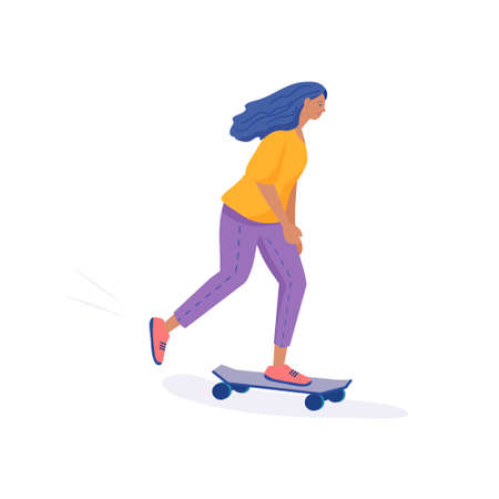Girl is riding a skateboard. Flat cartoon vector isolated illustration.のイラスト素材