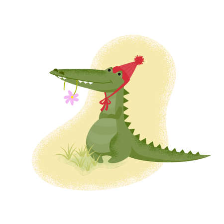 Funny cartoon crocodile in a red hat with a pink flower in his teeth. Isolated illustration in flat style with a textureの写真素材