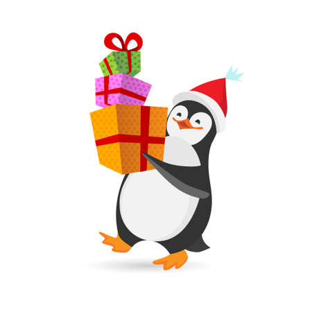 Stock vector funny Christmas penguin is carrying a stack of big colorful gift boxesのイラスト素材