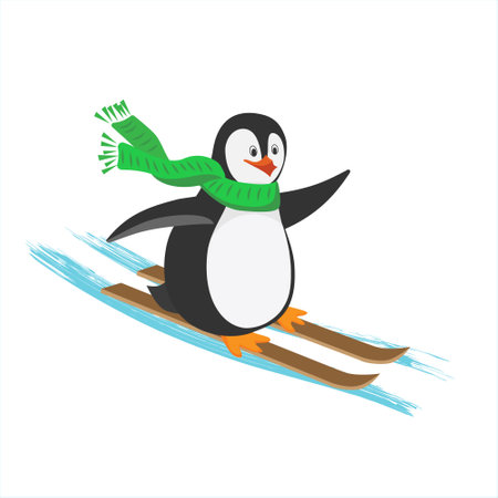 Funny Christmas penguin slide on skis down winter hills. Flat Vector isolated cartoon illustration with texture. Can be used for postcards, posters, greeting cards.のイラスト素材