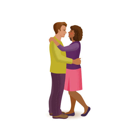 Man puts his arms around woman. Couple of man and woman in love looks at each other with tenderness. Vector isolated illustration with texture. Cartoon characters for the feast of Saint Valentineのイラスト素材