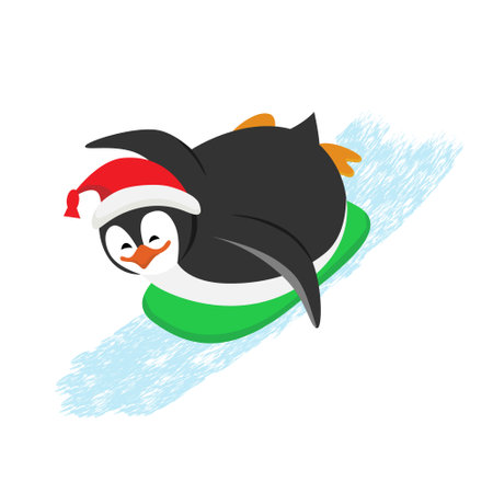 Funny Christmas penguin is sledding down winter hills. Flat Vector cartoon isolated illustration. Can be used for postcards, posters, greeting cardsのイラスト素材