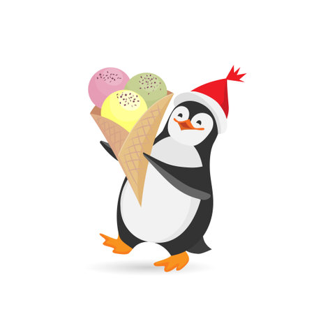 Funny cartoon penguin with an ice cream.Colorful vector isolated illustration in flat style with texture.のイラスト素材