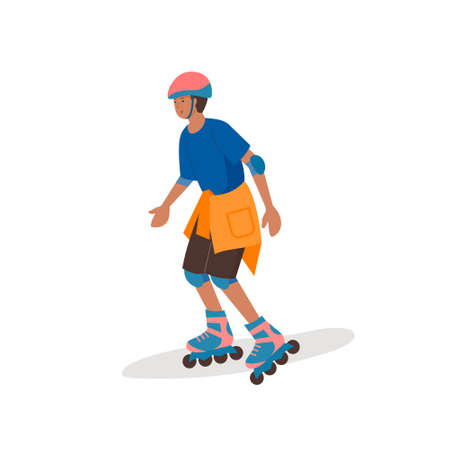 A boy in a helmet and protective gear rides on rollers. Vetor cartoon character illustrationのイラスト素材