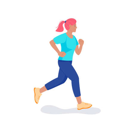 The cartoon girl with pink hair is running. Vector isolated illustration in flat style.のイラスト素材