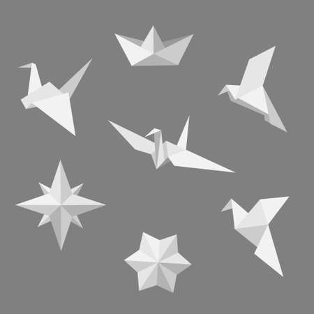Origami. Vector set of paper figures star, birds, ship in black and whiteのイラスト素材