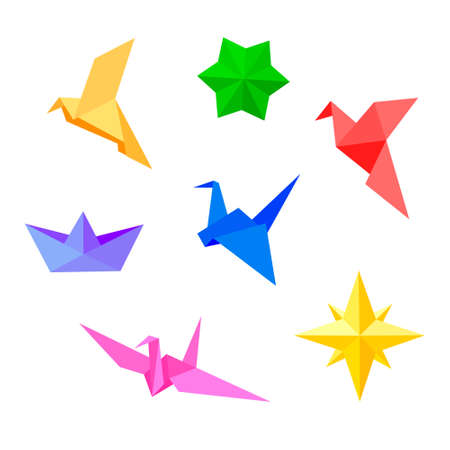 Origami. Vector set of color paper figures star, birds, ship.のイラスト素材
