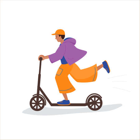 Boy is riding a kick scooter. Flat cartoon vector isolated illustrationのイラスト素材