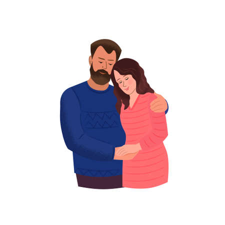 Man hugs the woman with tenderness holding her hand. Vector isolated illustration with texture. Cartoon characters for the feast of Saint Valentineのイラスト素材