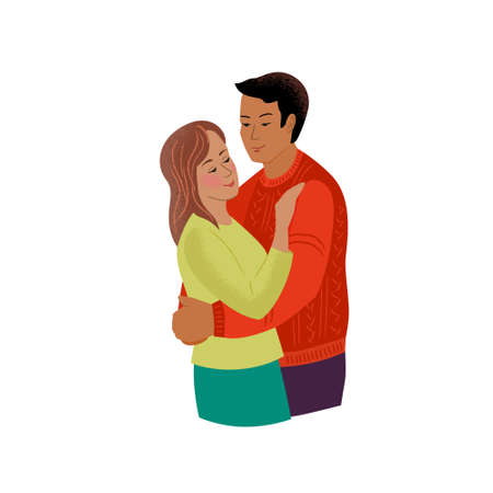 Man hugs the woman looking at her with tenderness. Vector isolated illustration with texture. Cartoon characters for the feast of Saint Valentineのイラスト素材