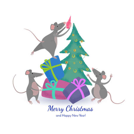 Three cute rats decorate the Christmas tree.Cartoon vector isolated illustration in flat style with grainy texture on white background with lettering.の写真素材