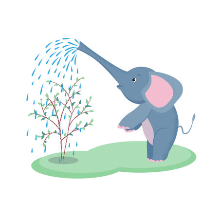 Baby elephant is standing on its hind legs and watering a tree with its trunk. Cartoon vector illustration in flat style with texture.のイラスト素材
