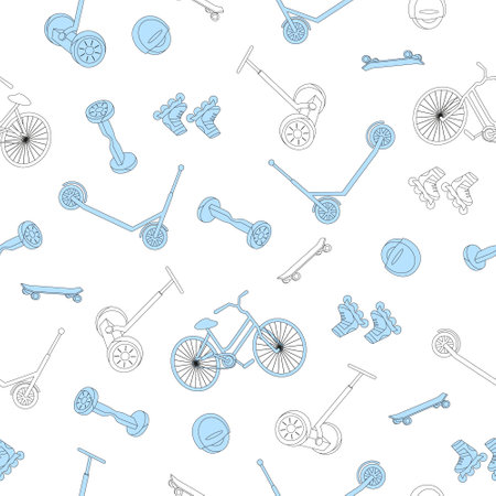 Vector seamless pattern of urban modern devices in line art style on white background rollers, skateboard, bicycle, electric scooter, monocycle, hoverboardのイラスト素材