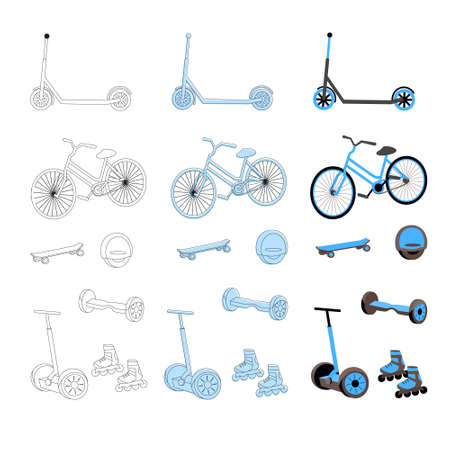 Set of devices for outdoors urban activity rollers, skateboard, bicycle, electric scooter, monocycle, hoverboard. Vector isolated illustration.のイラスト素材