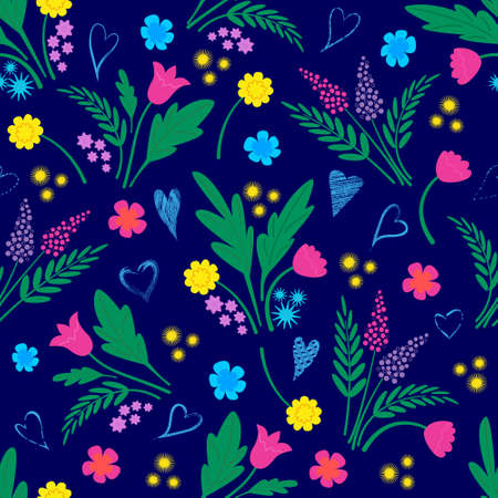 Seamless colorful floral pattern on the dark blue background.Vector illustration in flat styleのイラスト素材
