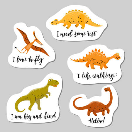 Set of five Dinosaurs cartoon cute characters stickers. Vector color illustration in flat style with lines.のイラスト素材