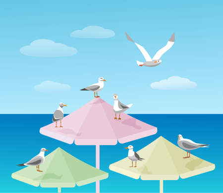 Sea view landscape with seagulls and beach umbrella. Color vector illustration with gradients.のイラスト素材